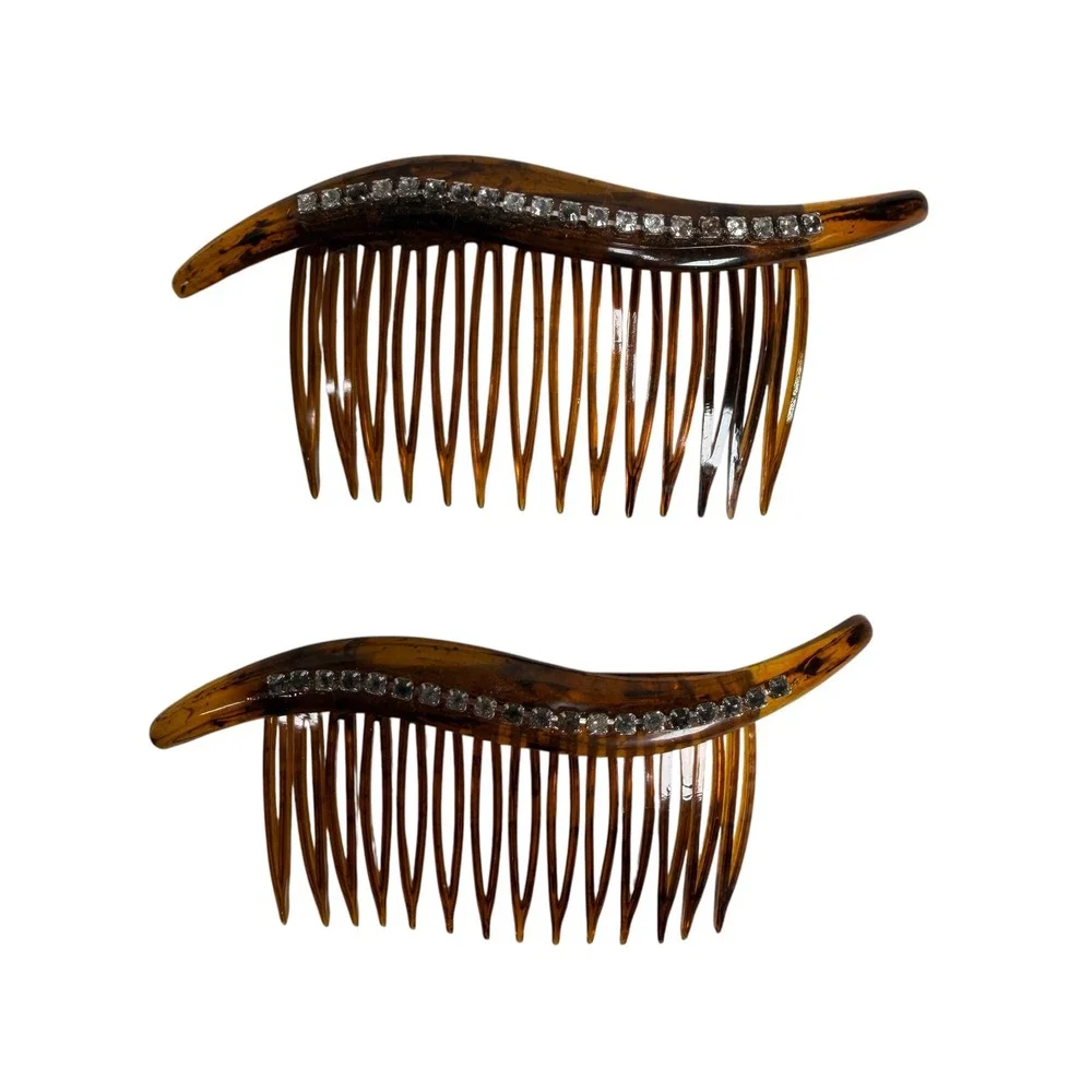 Vintage 90s Hair Comb Set Faux Tortoise Rhinestone Wave Made in USA Lot Of 2